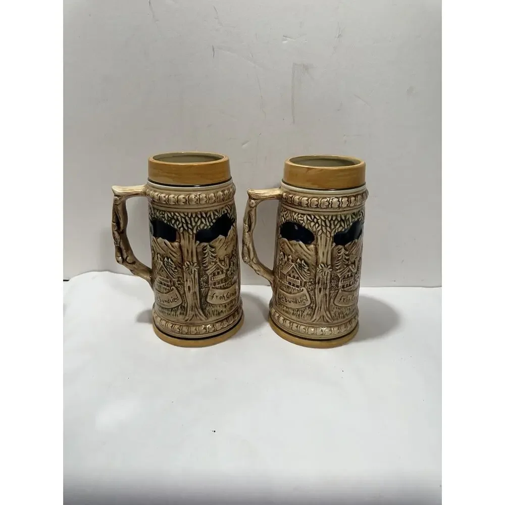 Set 2 Vintage‎ Japanese Ceramic Beer Stein, Man Plays Mandolin 3D Mug Art German